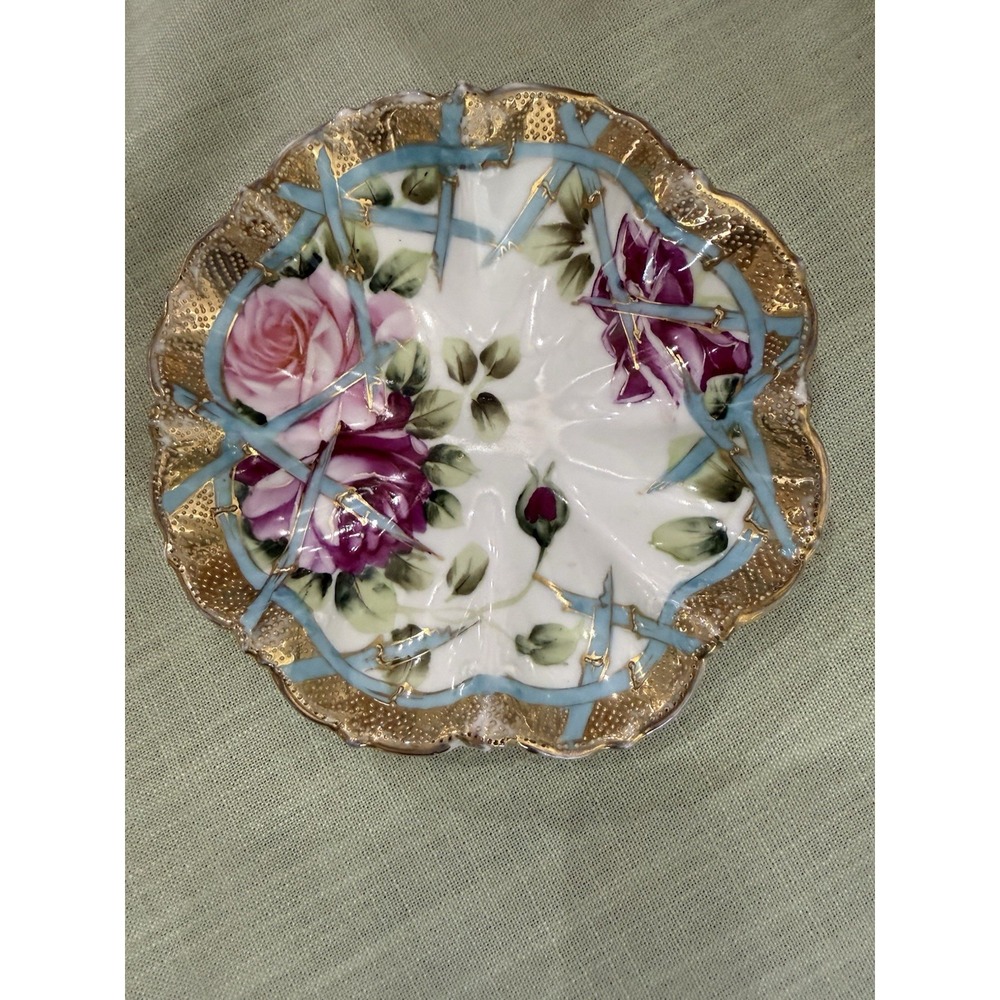 Vintage Hand Painted Ceramic Trinket Dish Candy Bowl Beautiful Floral Design